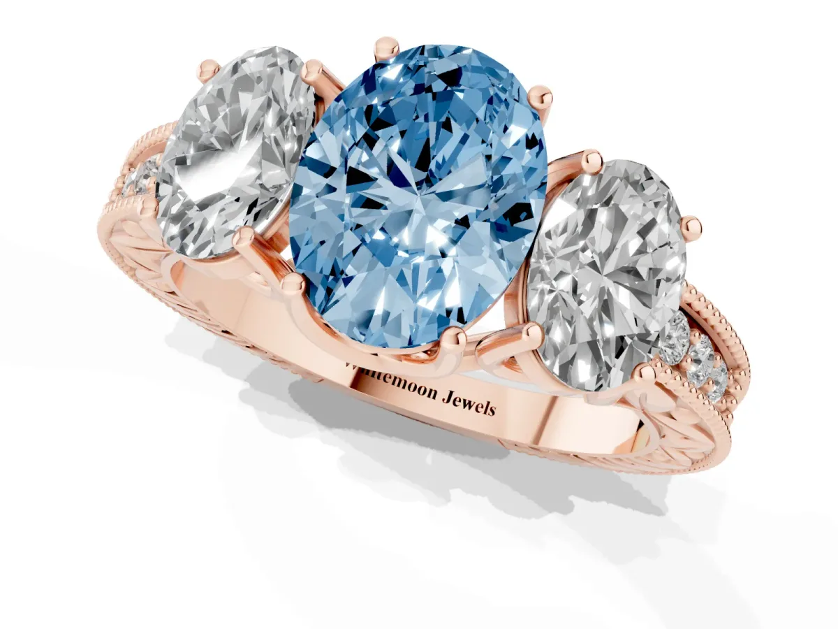 Fancy Blue Three-Stone Oval Cut Cut Milgrain Pavé Engagement Ring Rose gold