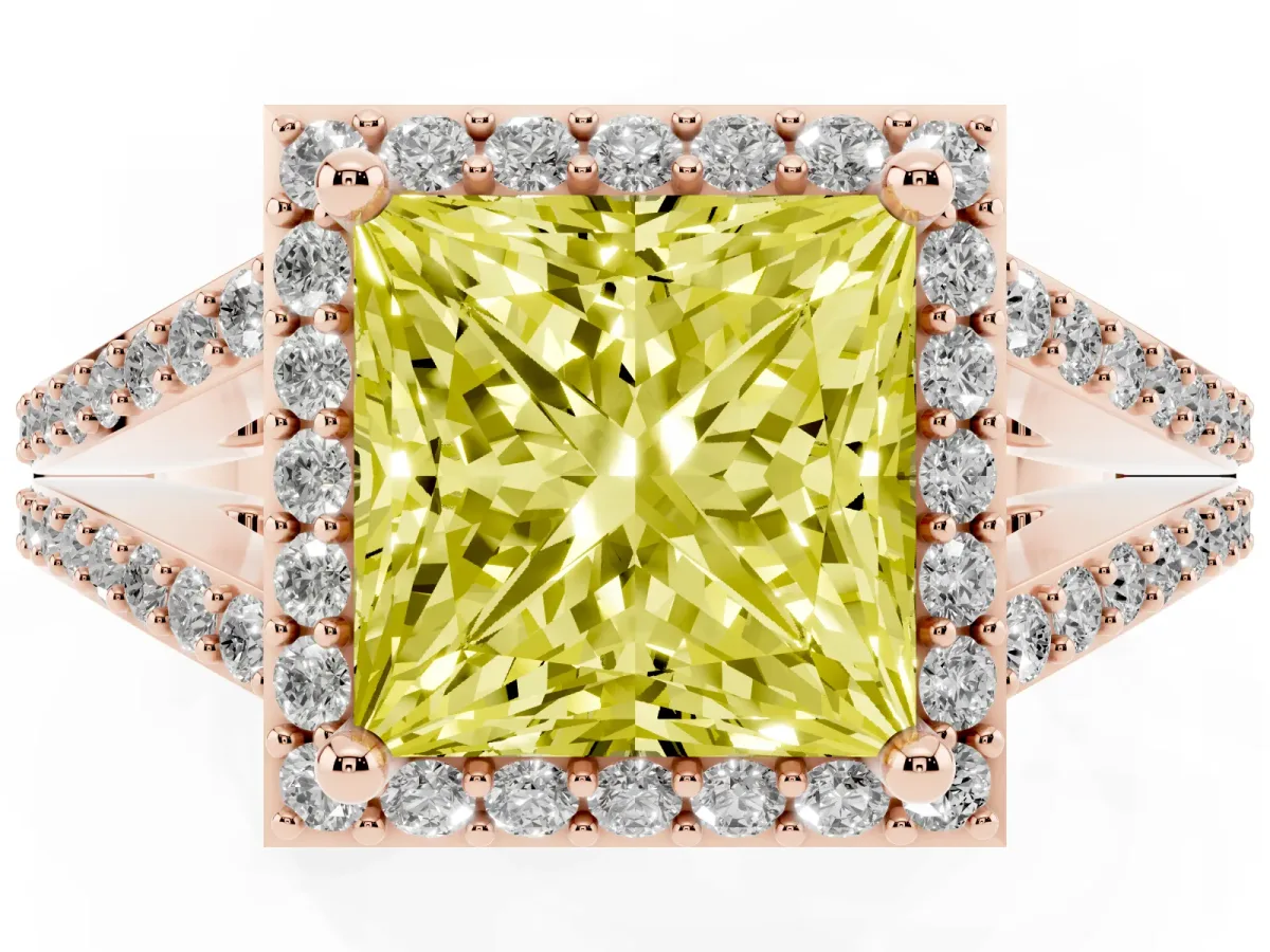 Fancy Yellow Princess Cut Halo Split Shank Pave Diamond Ring with Four-Prong Setting Rose gold
