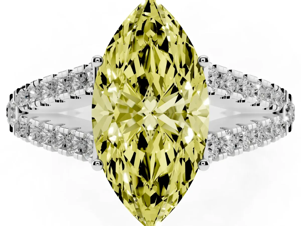 Fancy Yellow Marquise Cut Diamond Split Shank Pavé Engagement Ring with Four-Prong Setting Platinum