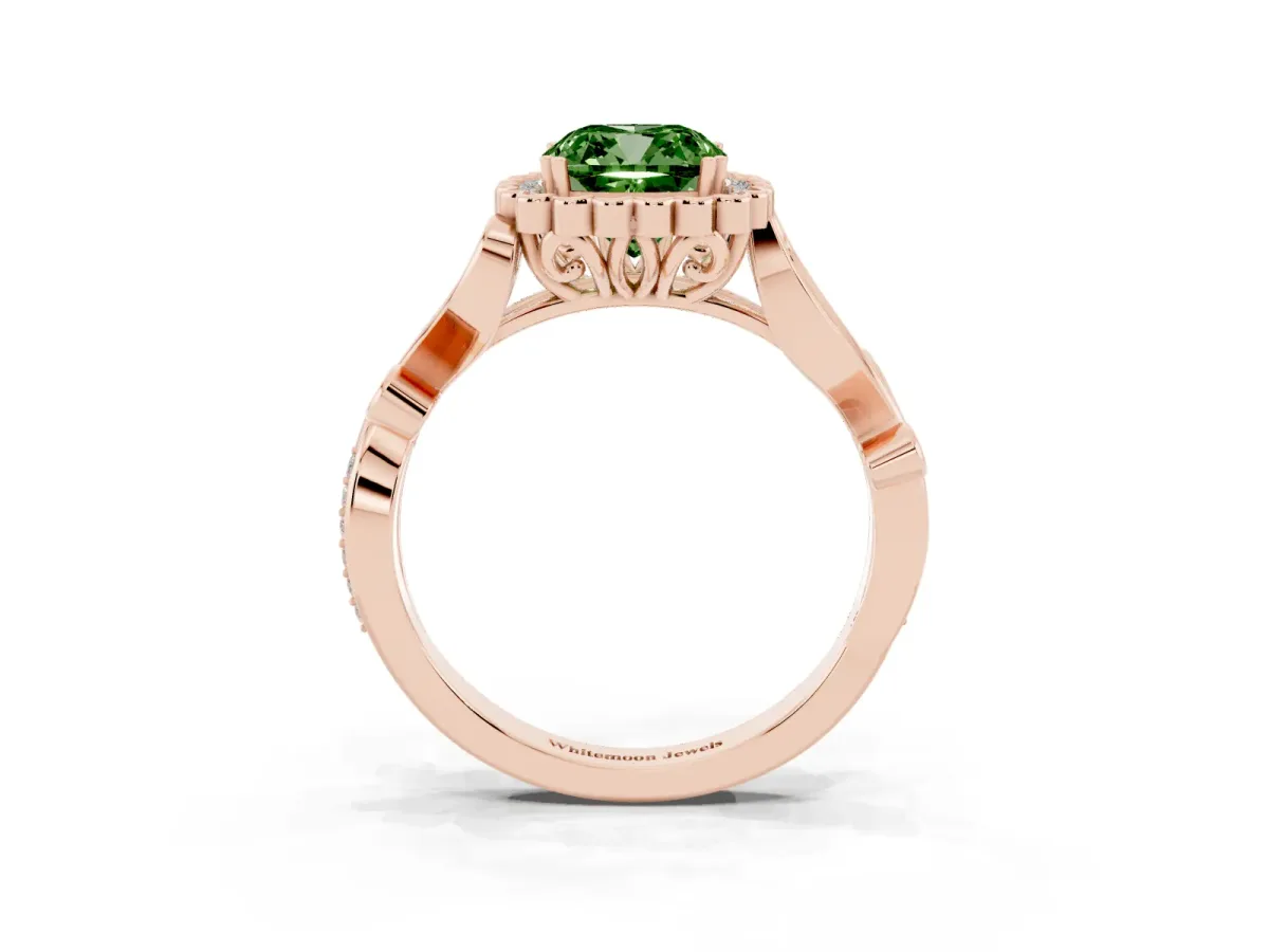 Fancy Green Cushion Cut Diamond Halo Ring with Vintage Split Shank and Four-Prong Setting Rose gold