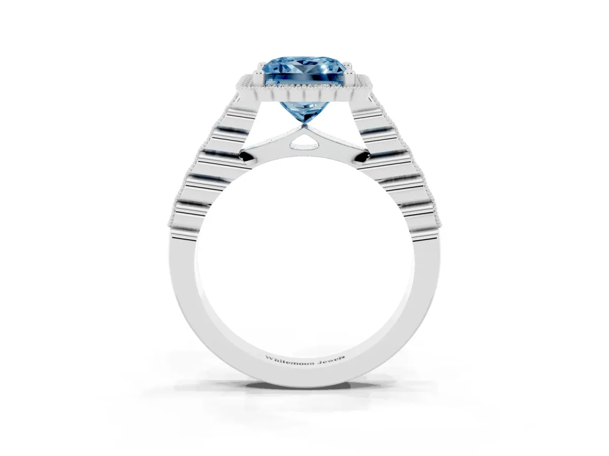 Fancy Blue Princess Cut Cut Halo Pavé Solitaire Ring with Milgrain Band White gold