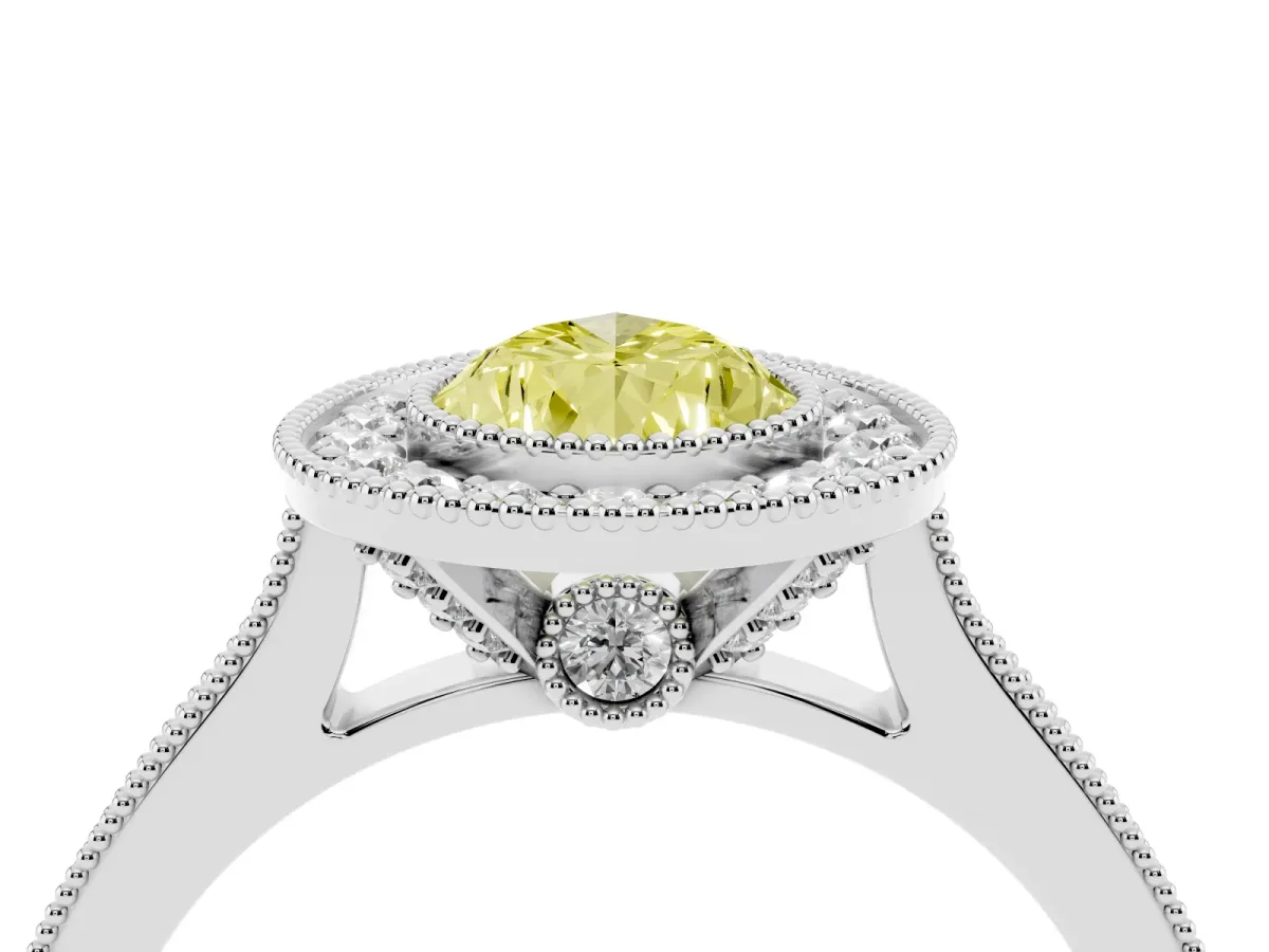 Fancy Yellow Halo Pear Cut-Cut Diamond Pave Band Milgrain Prong Setting Ring Platinum