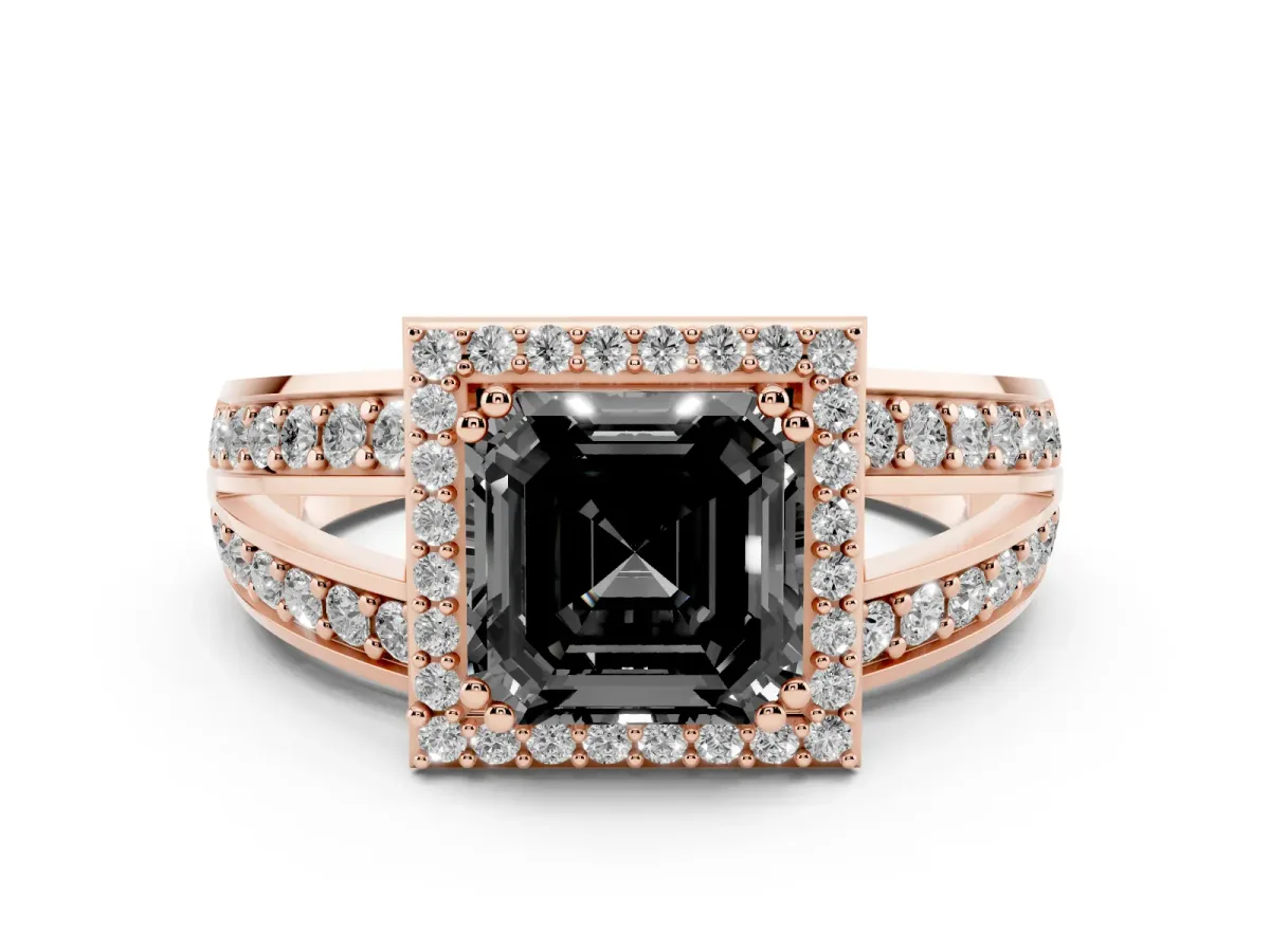 Fancy Black Asscher Cut Diamond Halo Ring with Split Shank Pavé Band and Four-Prong Setting Rose gold