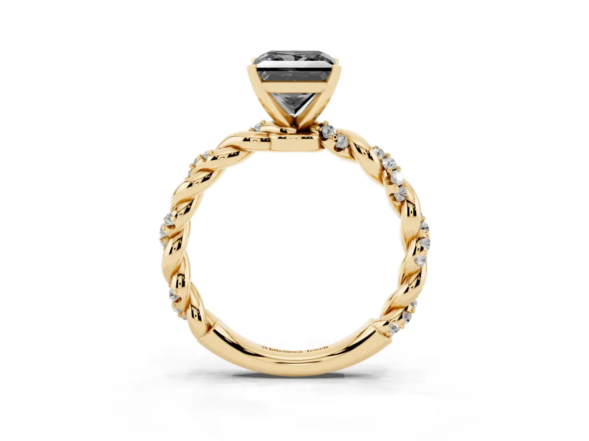 Fancy Black Princess Cut Diamond Solitaire Ring with Twisted Band and Pavé Accents Yellow gold