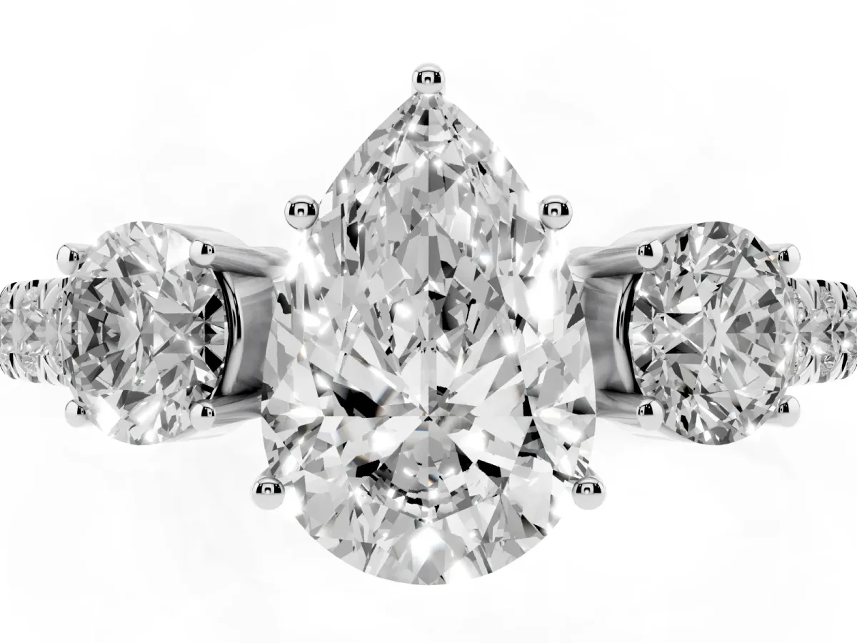 Pear Cut Cut Diamond Three-Stone Ring with Round Side Stones and Pavé Band Silver