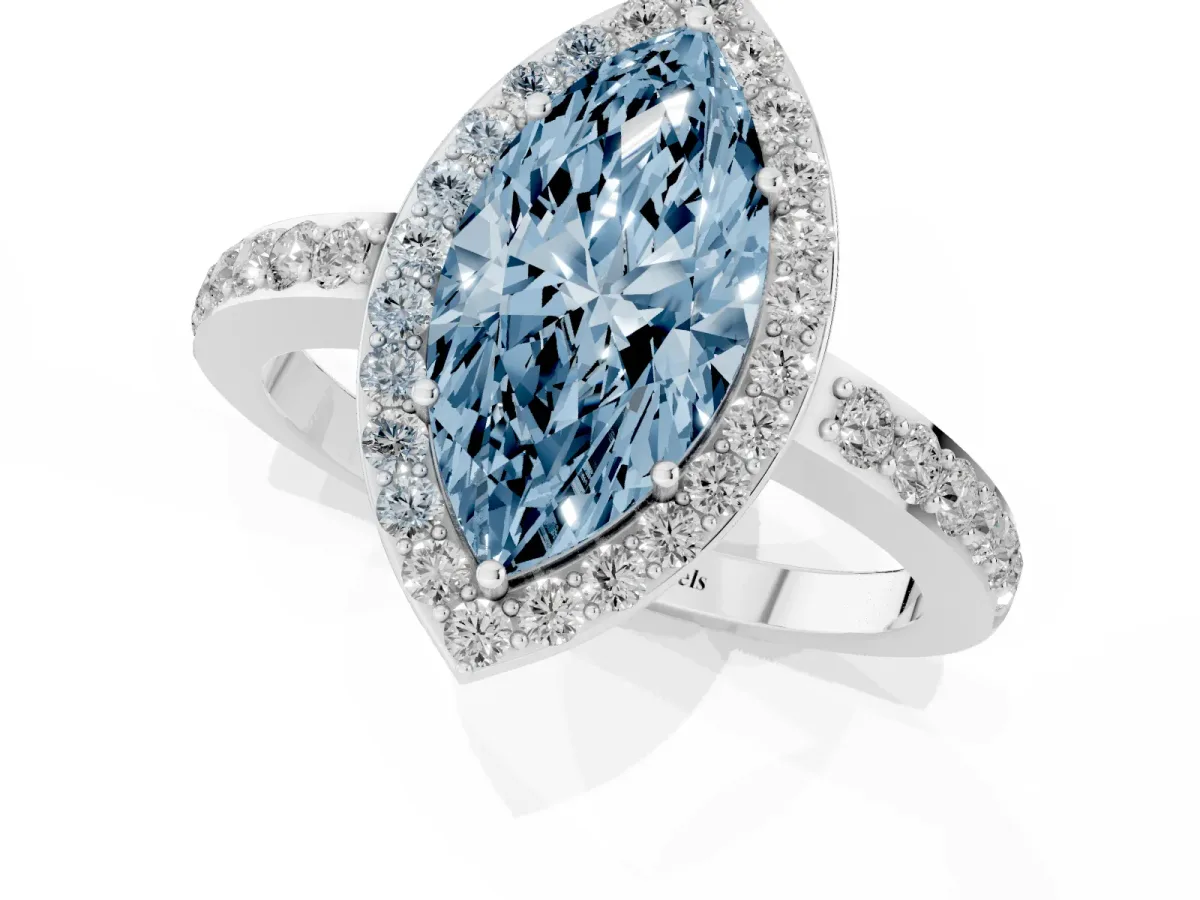 Fancy Blue Marquise Cut Halo Diamond Pavé Band Ring with Prong Setting Silver