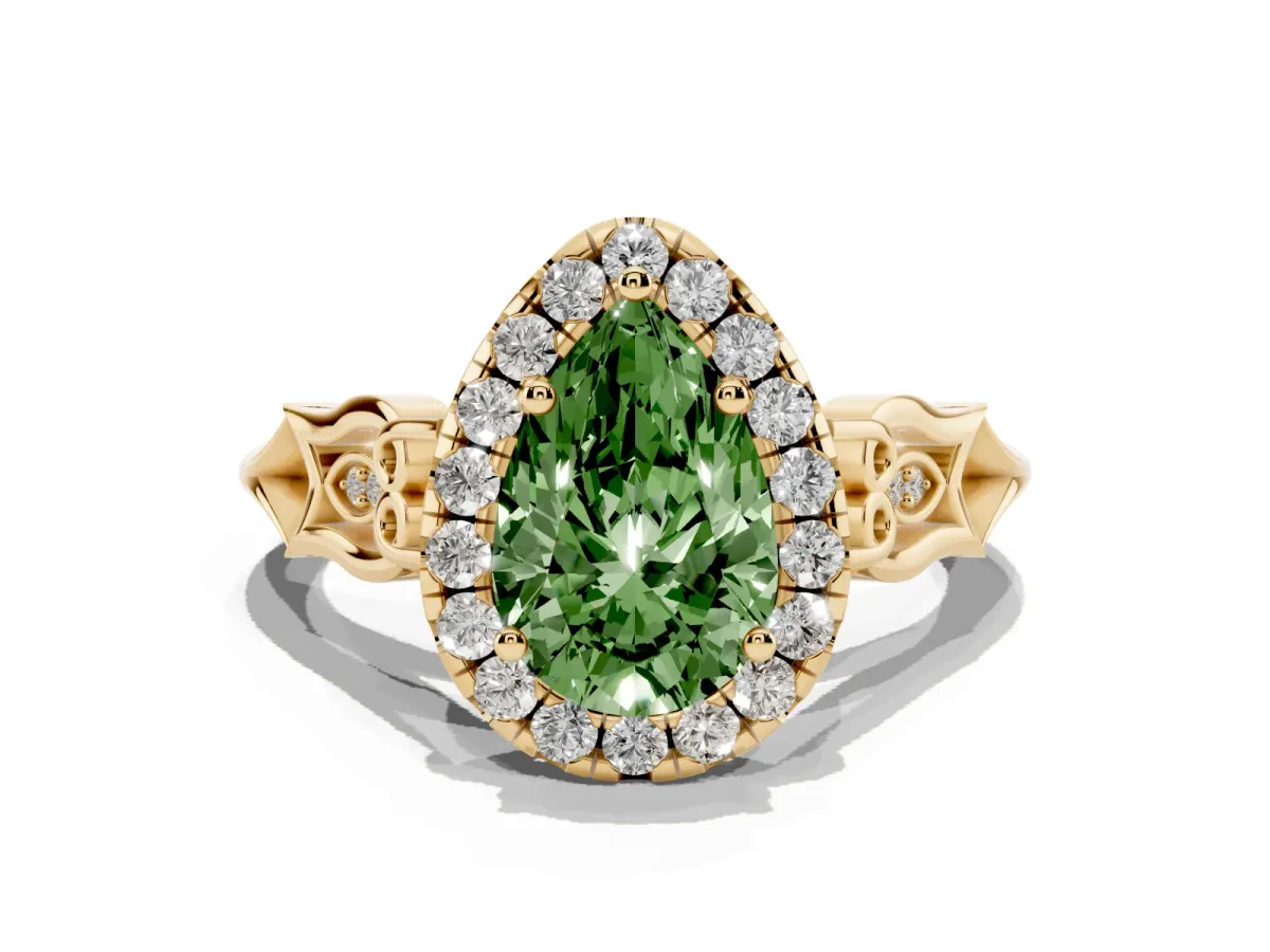 Fancy Green Pear Cut Halo Diamond Engagement Ring with Filigree Band and Four-Prong Setting Yellow gold