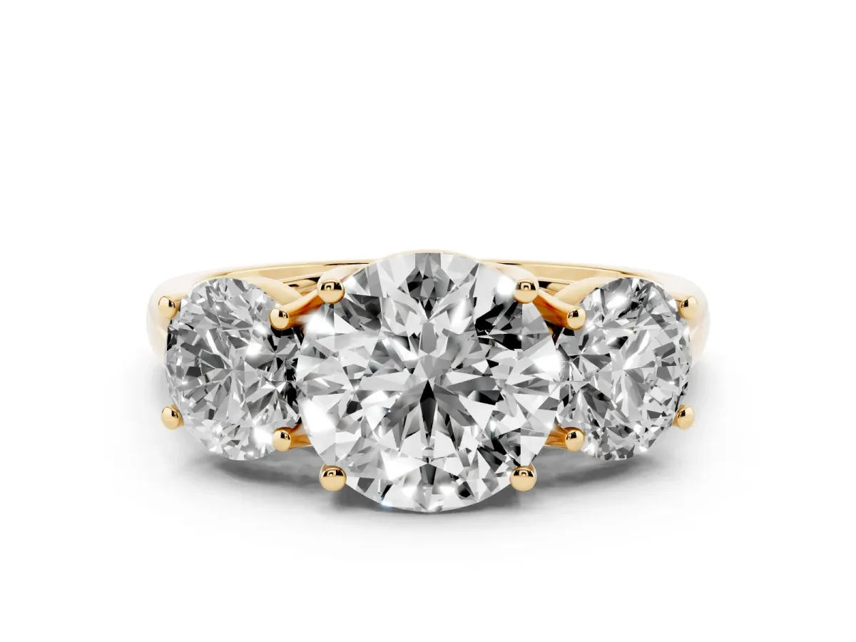 Three-Stone Round Cut Diamond Engagement Ring with Prong Setting Yellow gold