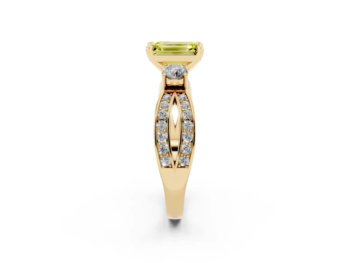 Fancy Yellow Three-Stone Emerald Cut Cut Diamond Twist Band with Prong Setting Yellow gold