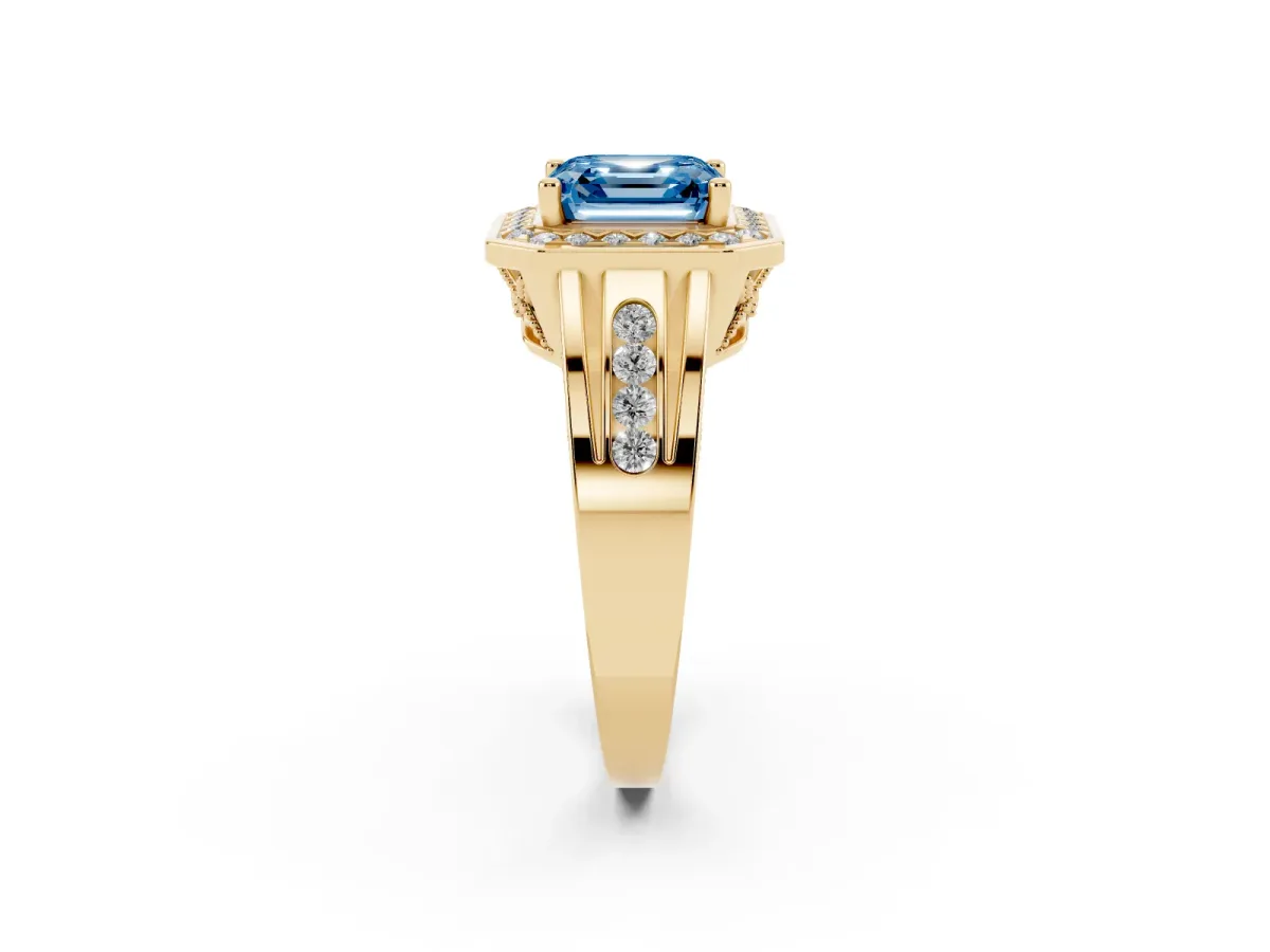 Fancy Blue Asscher Cut Diamond Halo Ring with Split Shank and Bezel Accents and Prong Setting Yellow gold