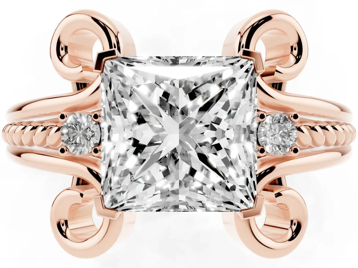 Princess Cut Solitaire Twisted Band Scroll Prong Ring Rose gold