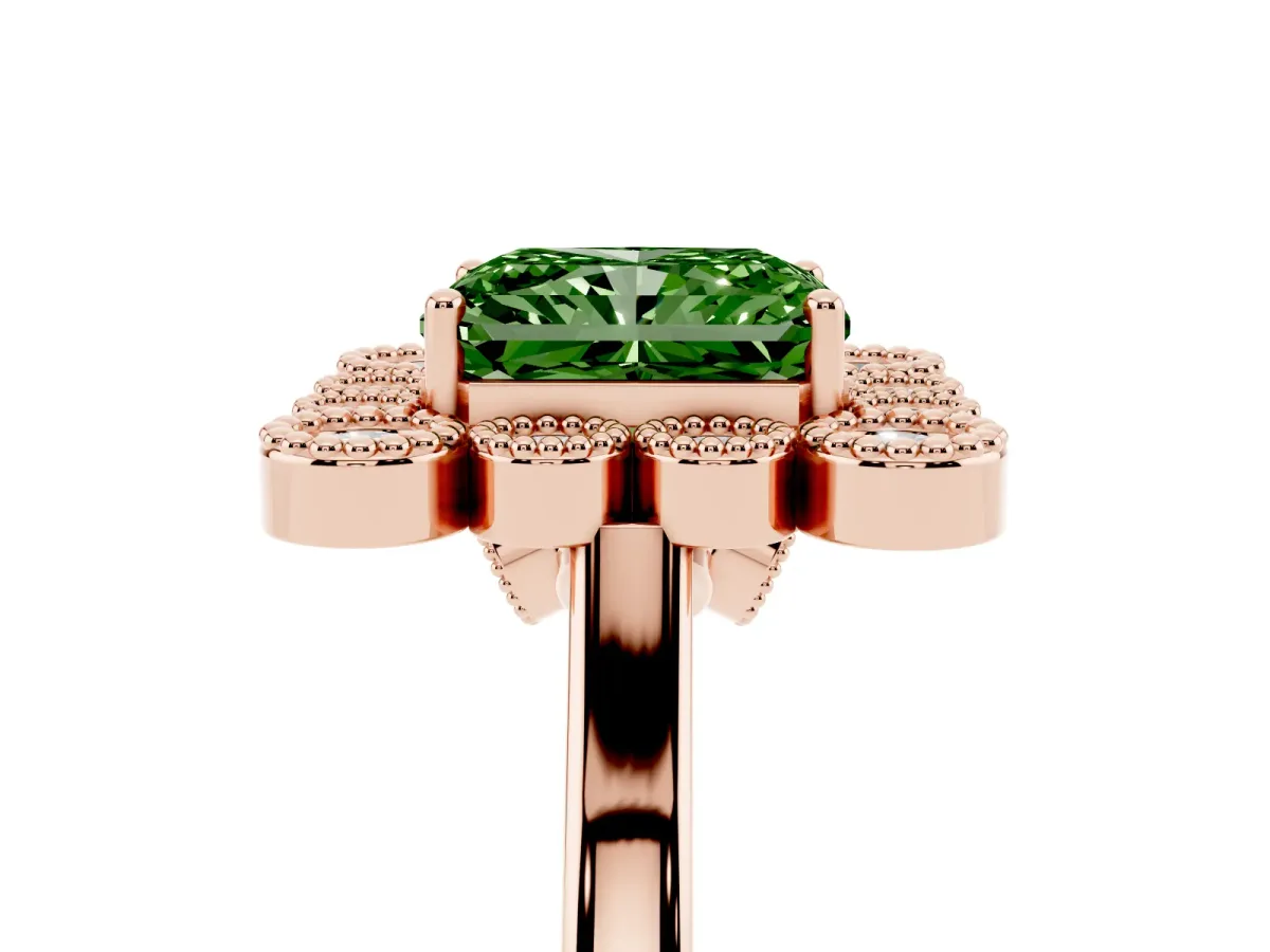 Fancy Green Radiant Cut Halo Diamond Cluster Engagement Ring with Milgrain Bezel Setting and Solitaire Band Rose gold