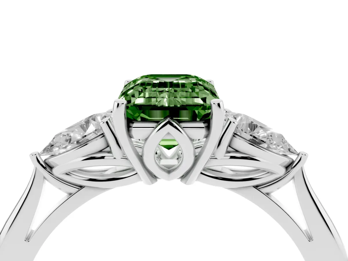 Fancy Green Three-Stone Emerald Cut Diamond Ring with Pear Side Stones in Four-Prong Setting Silver
