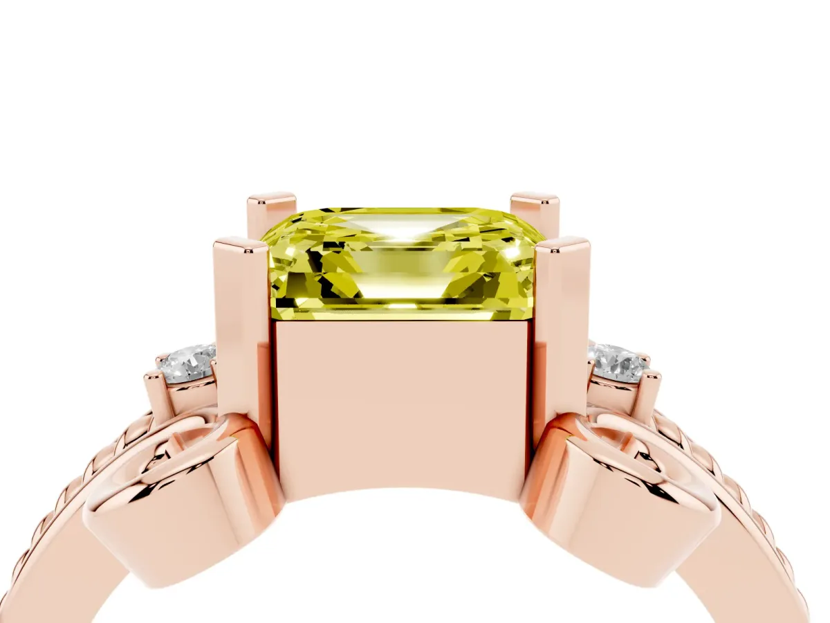 Fancy Yellow Asscher Cut Solitaire Twisted Band Scroll Prong Ring Rose gold