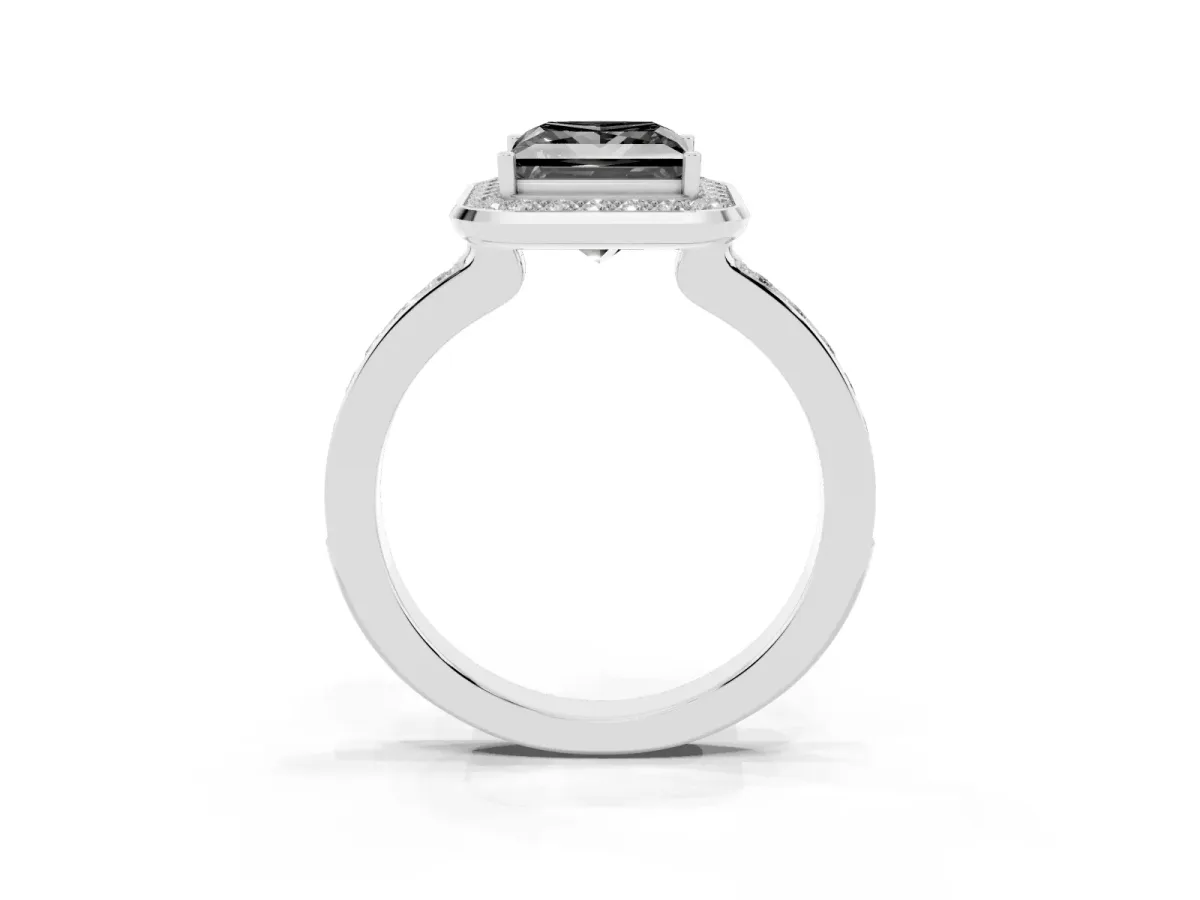 Fancy Black Princess Cut Diamond Halo Ring with Bezel Frame and Pavé Band Silver