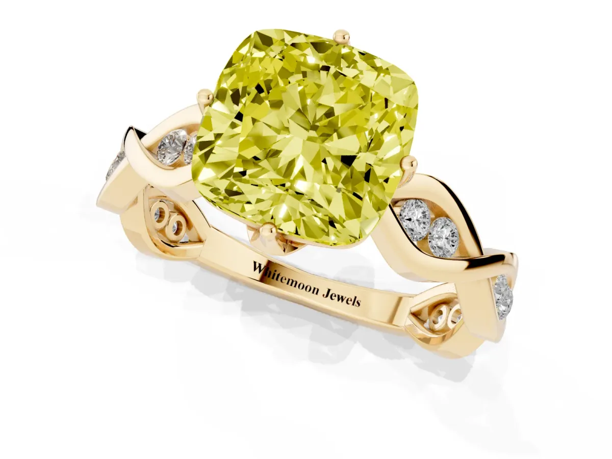 Fancy Yellow Cushion Cut Solitaire Twist Band with Leaf Prong Setting Yellow gold