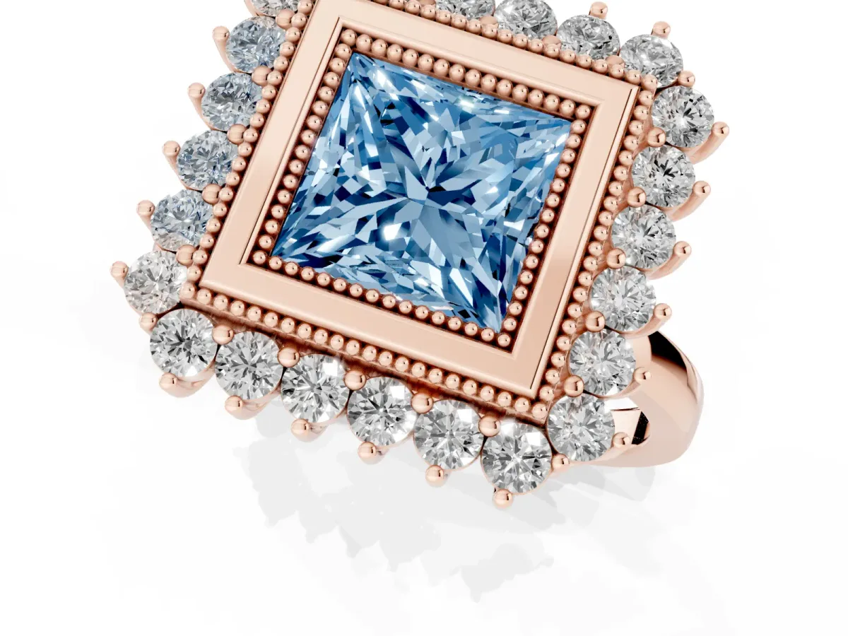 Fancy Blue Princess Cut Halo Diamond Ring with Milgrain Edge and Round Prong Setting Rose gold