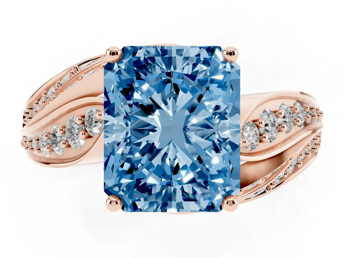 Fancy Blue Radiant Cut Diamond Solitaire Ring with Prong Setting and Twisted Pavé Band Rose gold