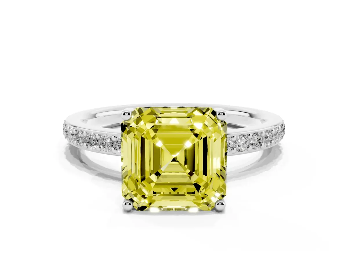 Fancy Yellow Asscher Cut Cut Diamond Pavé Band Ring with Four-Prong Setting Platinum