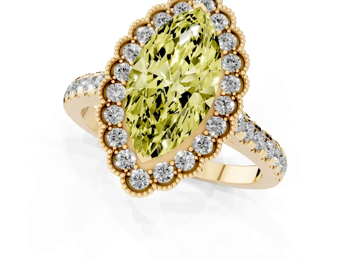 Fancy Yellow Marquise Cut Cut Diamond Milgrain Floral Halo Engagement Ring with Pavé Band Yellow gold