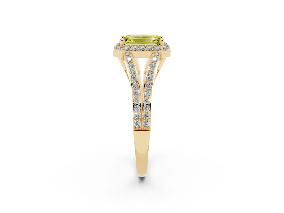 Fancy Yellow Emerald Cut Halo Split Shank Pave Diamond Ring with Four-Prong Setting Yellow gold