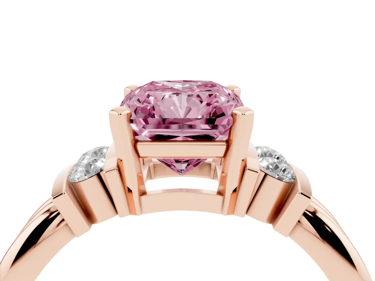 Fancy Pink Radiant Cut Cut Three-Stone Channel Set Ring with Bar Prongs Rose gold