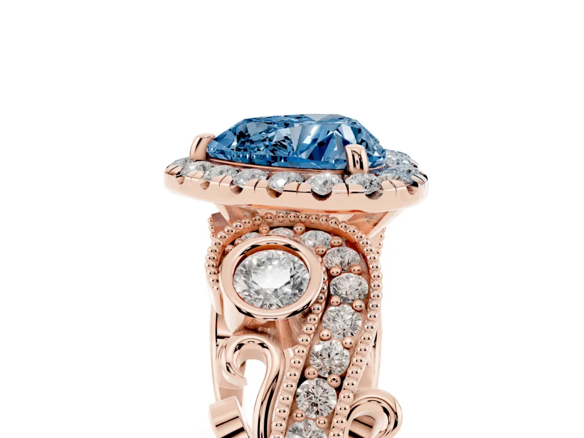 Fancy Blue Heart Cut Diamond Halo Ring with Milgrain Pavé Band and Four-Prong Setting Rose gold