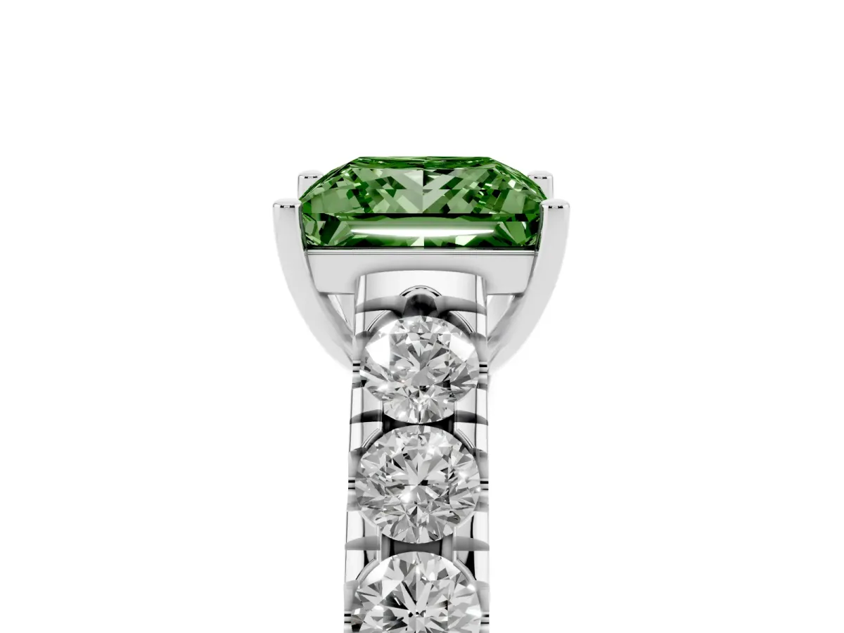 Fancy Green Princess Cut Cut Diamond Solitaire Ring with Micro Pave Band and Prong Setting Silver