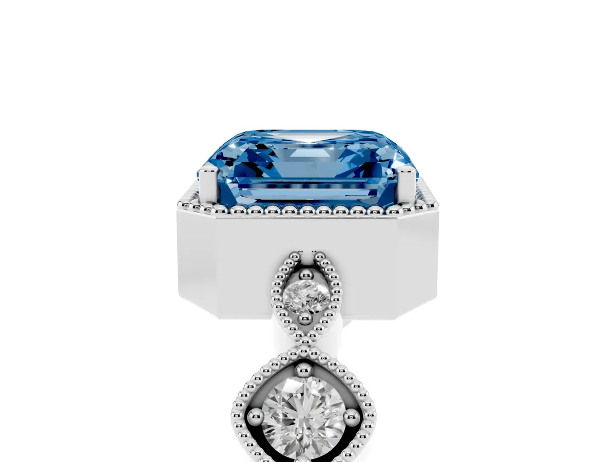 Fancy Blue Asscher Cut Diamond Vintage Milgrain Ring with Round Stations Silver