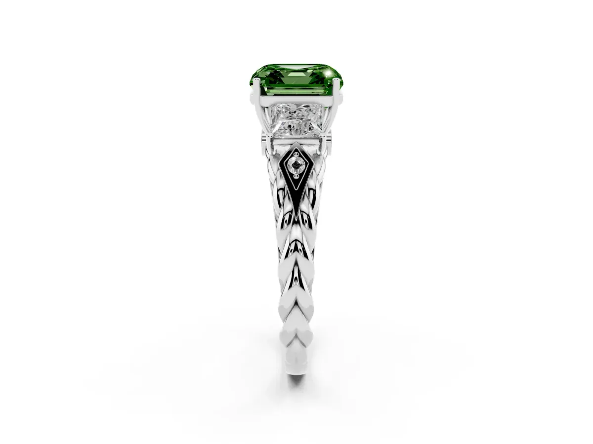 Fancy Green Three-Stone Asscher Cut Diamond Braided Band Ring with Four-Prong Setting Platinum