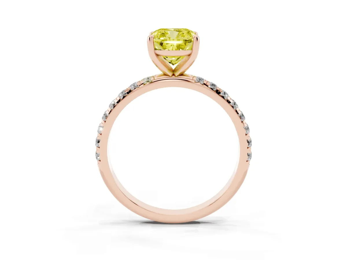 Fancy Yellow Cushion Cut Cut Diamond Solitaire Ring with Micro Pave Band and Four Prong Setting Rose gold