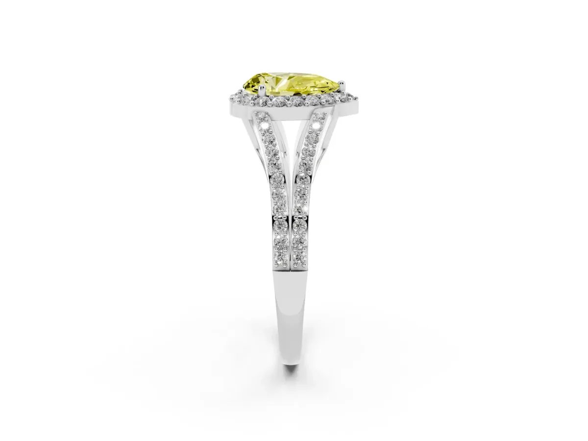 Fancy Yellow Pear Cut Halo Split Shank Diamond Ring with Prong Setting Silver