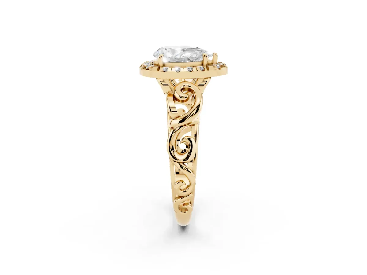 Pear Cut Cut Halo Diamond Ring with Scrollwork Band and Four-Prong Setting Yellow gold