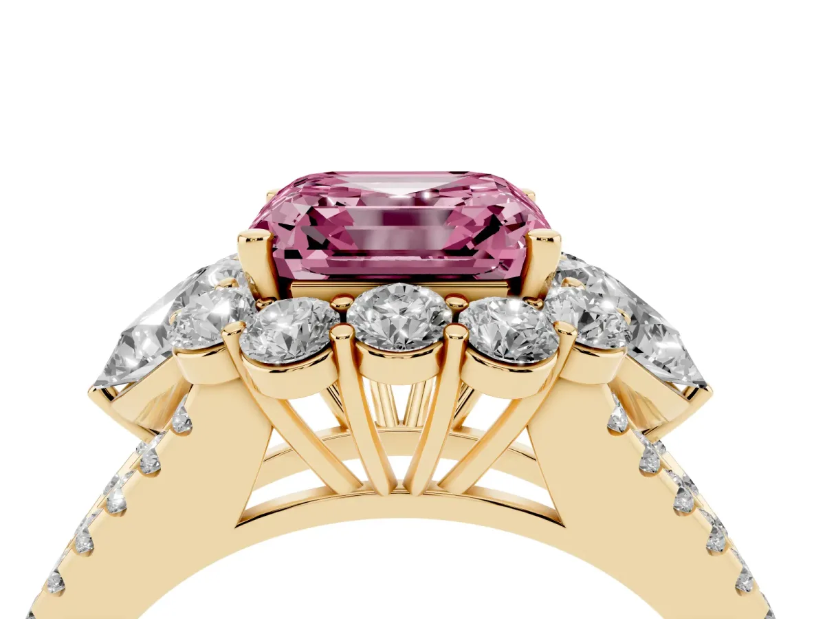 Fancy Pink Asscher Cut Halo Split Shank Diamond Engagement Ring with Prong Setting Yellow gold