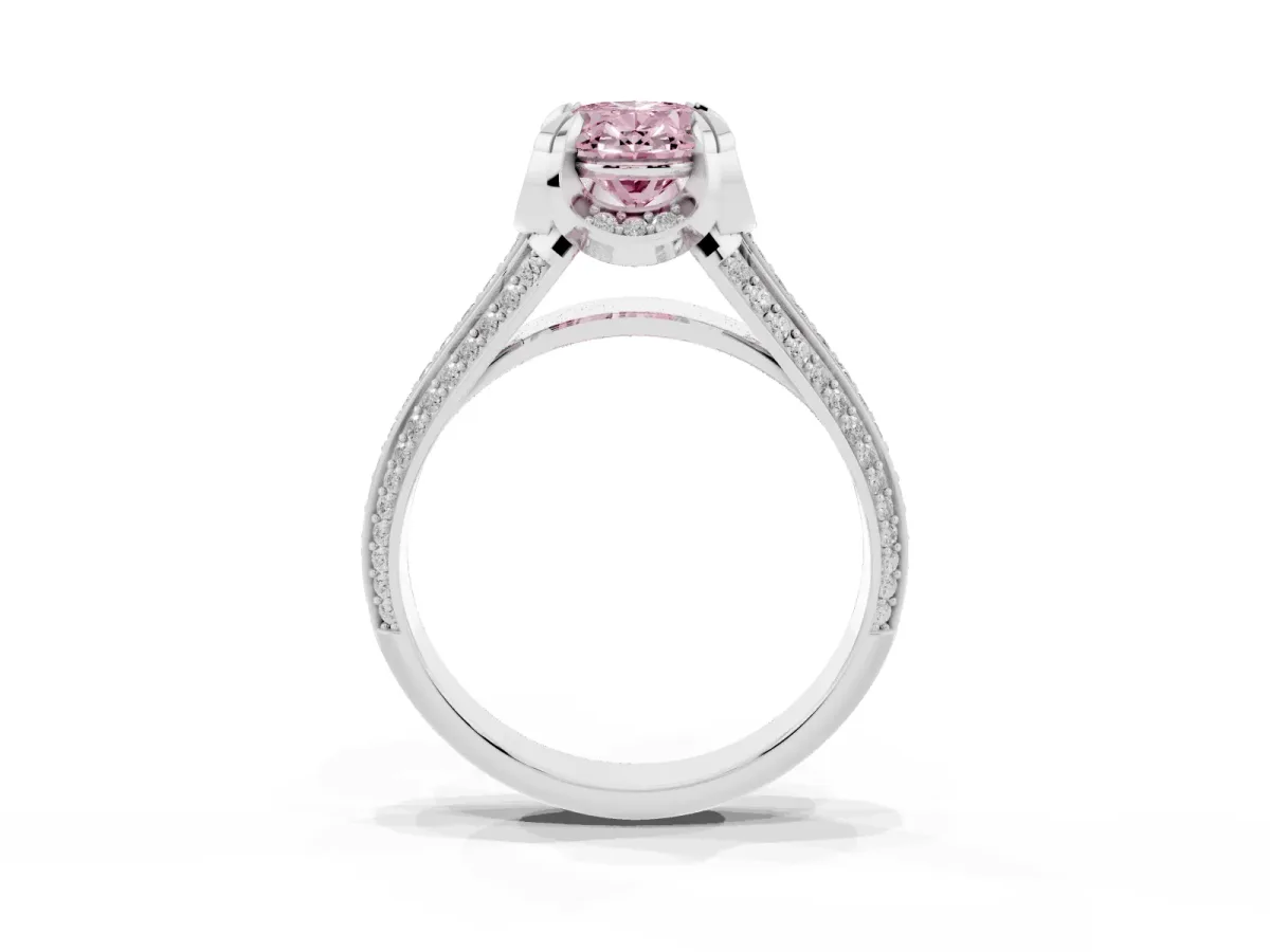 Fancy Pink Oval Cut Solitaire Pave Split Shank Ring with Four-Prong Setting Platinum