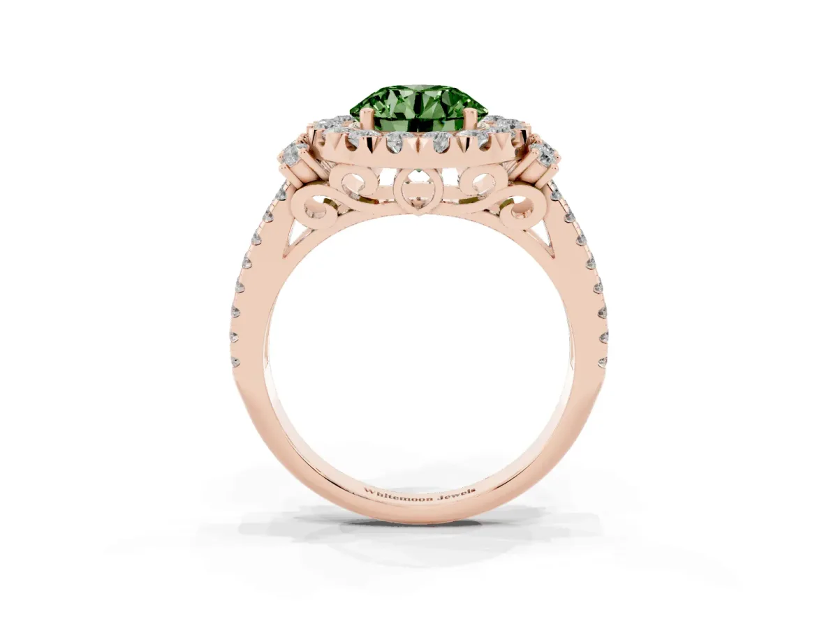 Fancy Green Round Cut Cut Double Halo Diamond Engagement Ring with Pave Band and Four-Prong Setting Rose gold