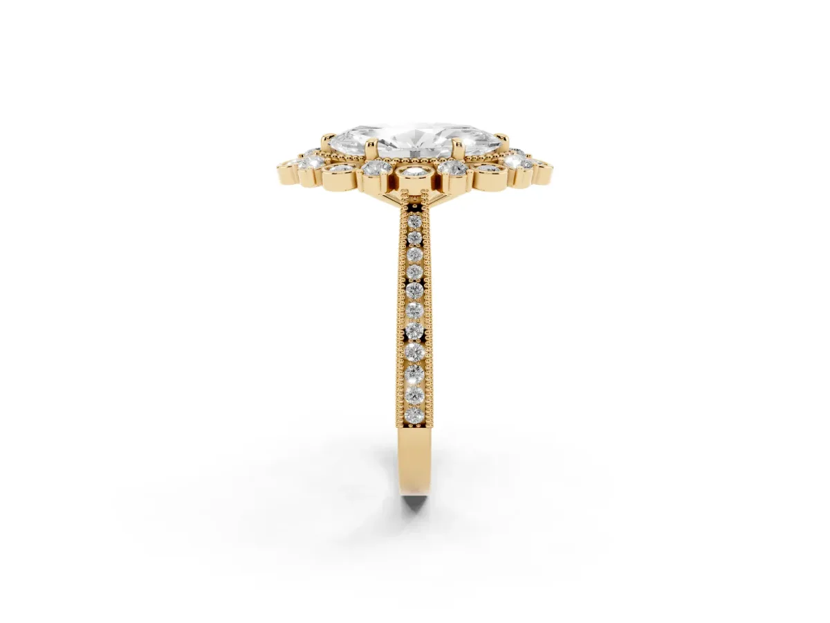 Marquise Cut Halo Milgrain Pave Diamond Ring with Four-Prong Setting Yellow gold