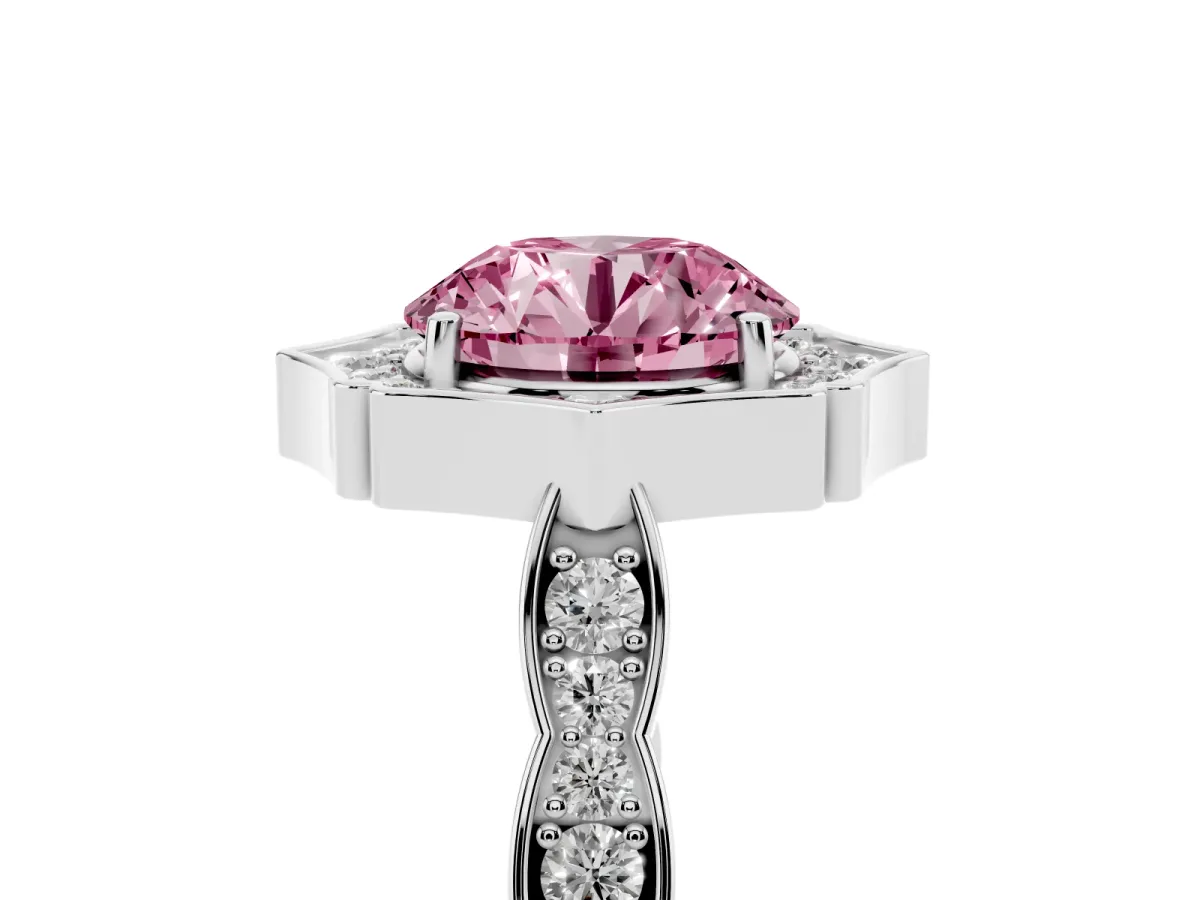 Fancy Pink Round Cut Halo Diamond Engagement Ring with Milgrain Band and Four-Prong Setting Silver