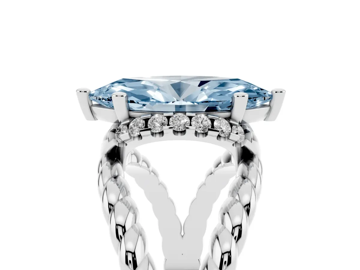 Fancy Blue Marquise Cut Halo Twisted Band Four-Prong Ring Platinum