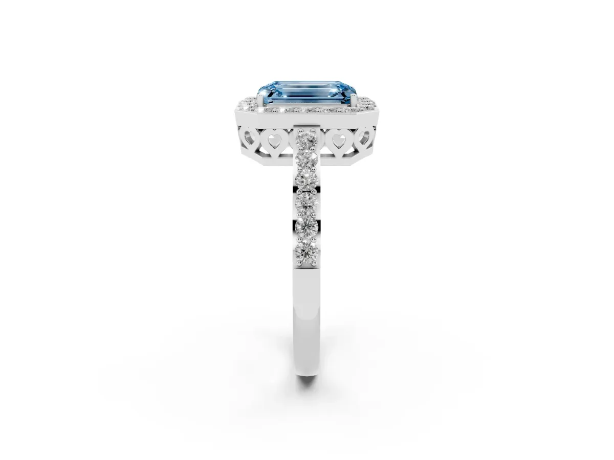 Fancy Blue Emerald Cut Halo Diamond Pavé Band Ring with Prong Setting Platinum