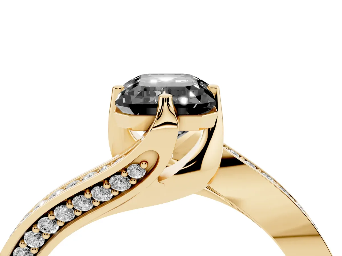 Fancy Black Emerald Cut Solitaire Diamond Twist Band with Pavé Setting and Four-Prong Setting Yellow gold