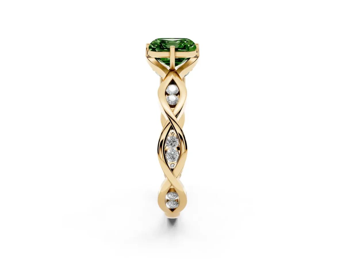 Fancy Green Asscher Cut Solitaire Twist Band with Leaf Prong Setting Yellow gold
