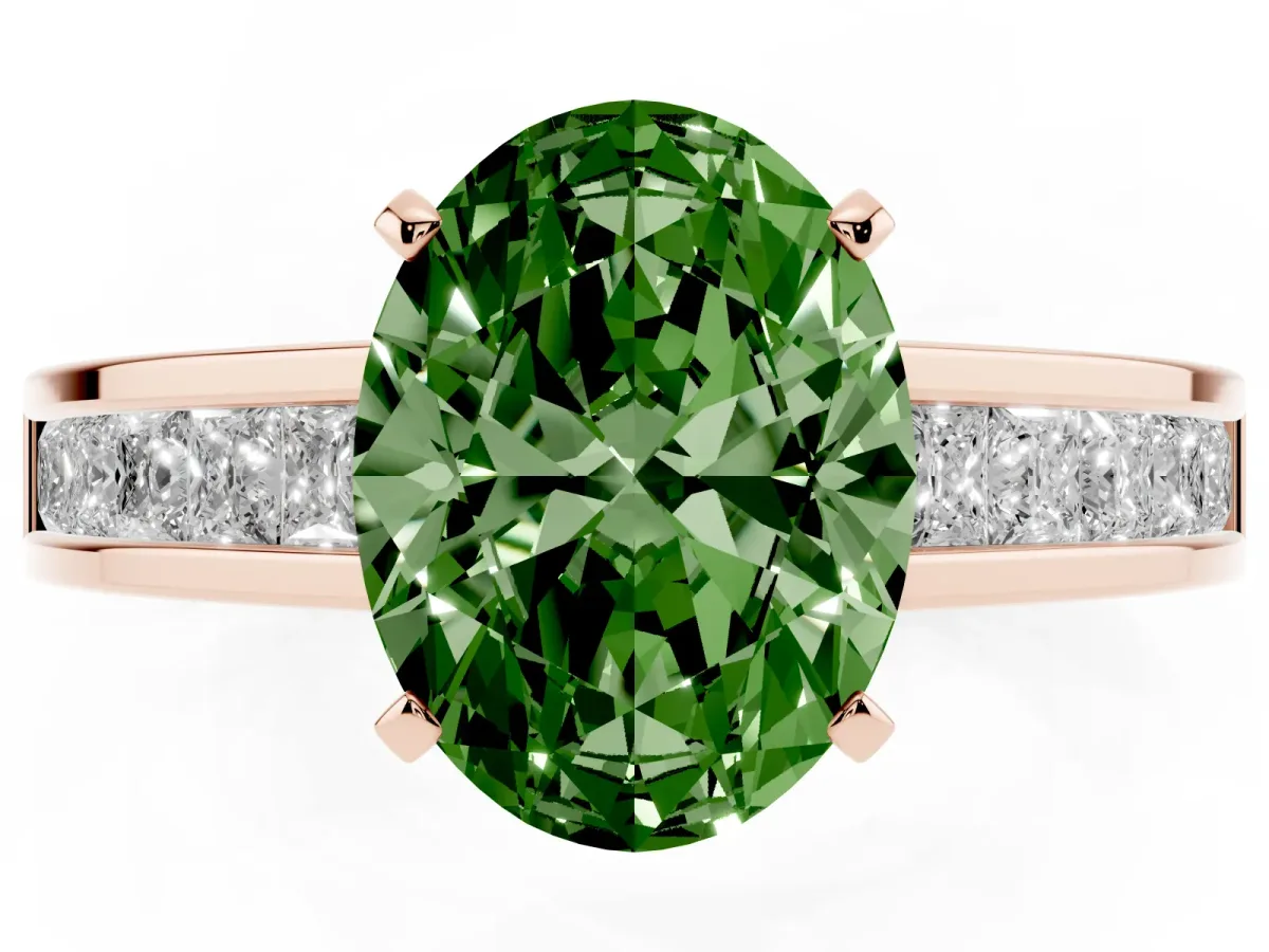 Fancy Green Oval Cut Solitaire Diamond Ring with Channel-Set Band and Four-Prong Setting Rose gold