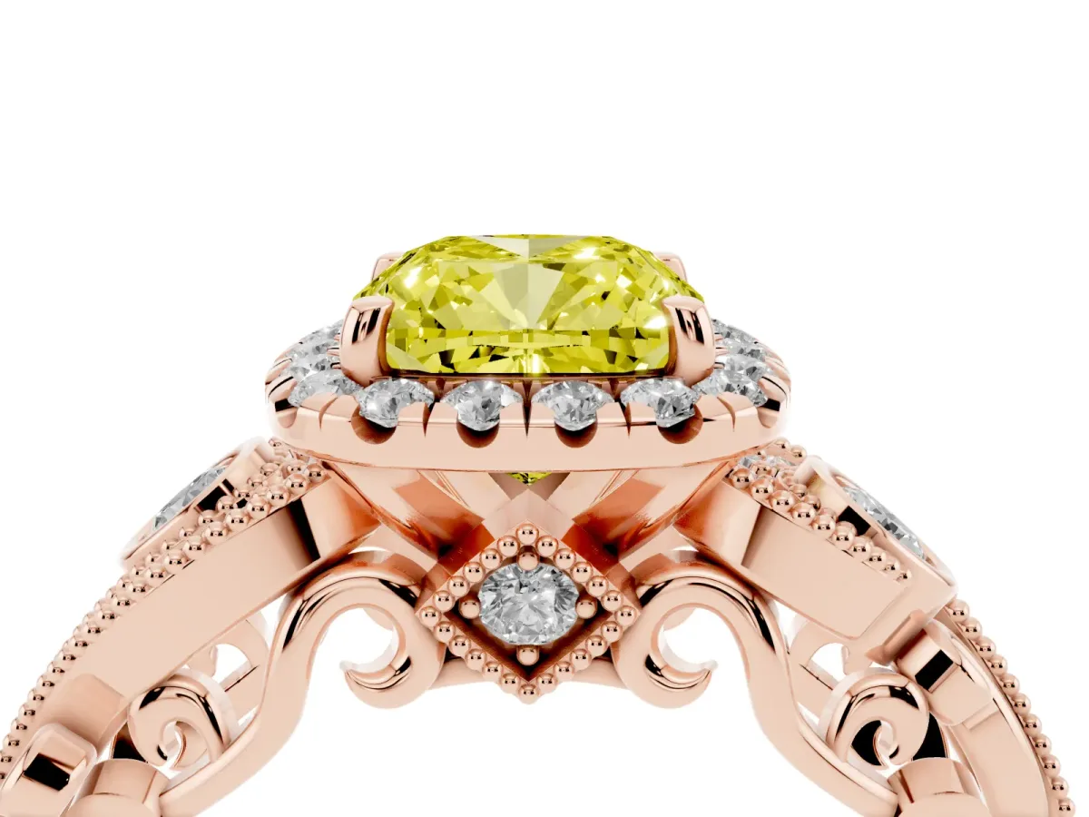 Fancy Yellow Cushion Cut Halo Diamond Ring with Milgrain and Bezel Accents on a Split Shank Band Rose gold