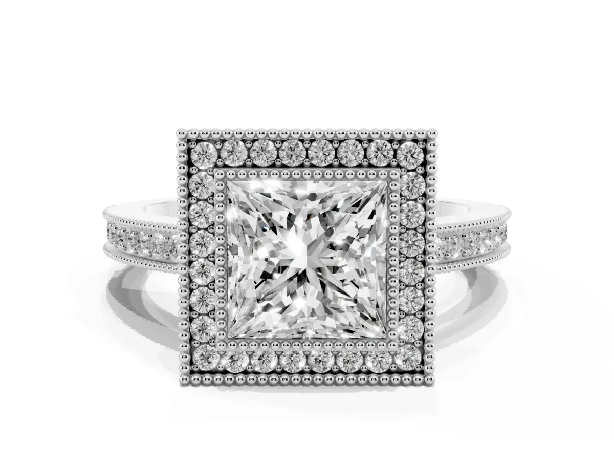Princess Cut Cut Halo Diamond Ring with Pavé Band and Milgrain Prong Setting Silver