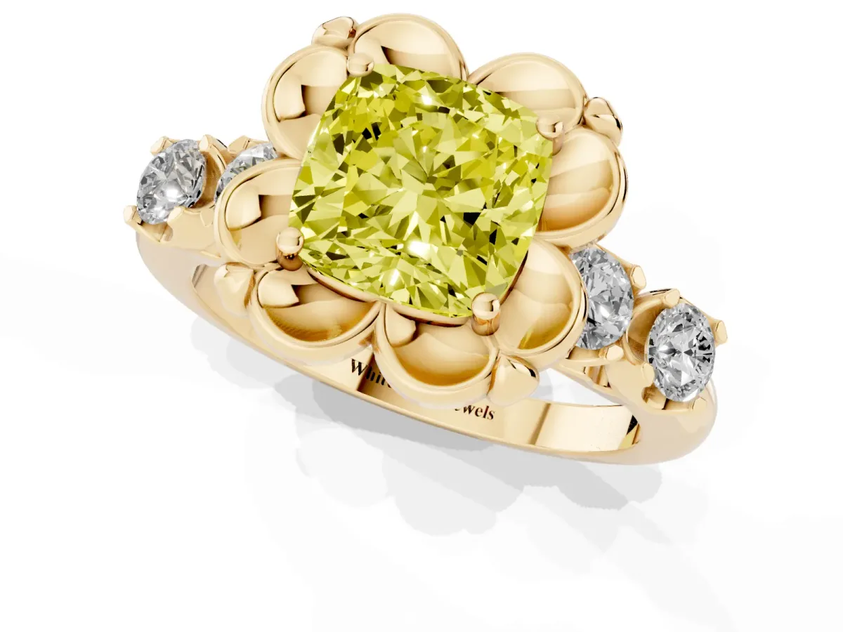 Fancy Yellow Cushion Cut Cut Diamond Floral Halo Engagement Ring with Shared Prong Setting Yellow gold