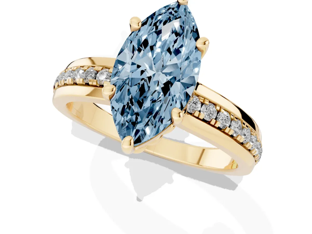 Fancy Blue Marquise Cut Solitaire Diamond Ring with Channel Set Band and Six-Prong Setting Yellow gold