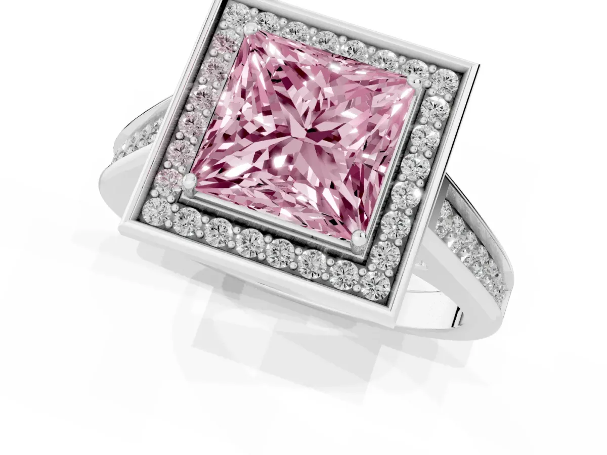 Fancy Pink Princess Cut Halo Solitaire Diamond Ring with Pave Band and Bezel Setting White gold