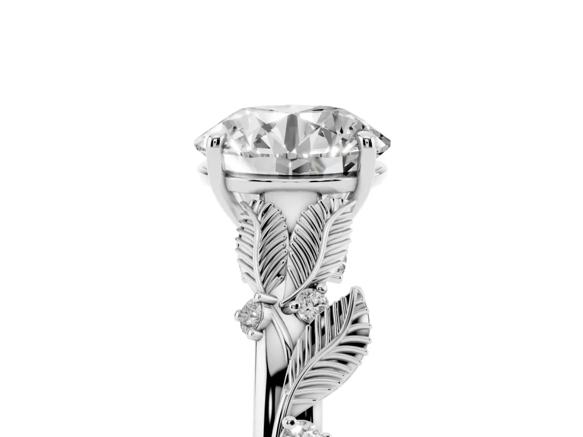 Round Cut Diamond Solitaire Ring with Leaf Motif Band and Four-Prong Setting Silver
