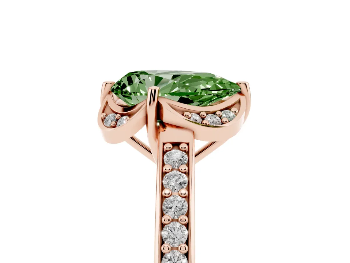 Fancy Green Pear Cut Cut Halo Diamond Ring with Channel Set Band and Four-Prong Setting Rose gold